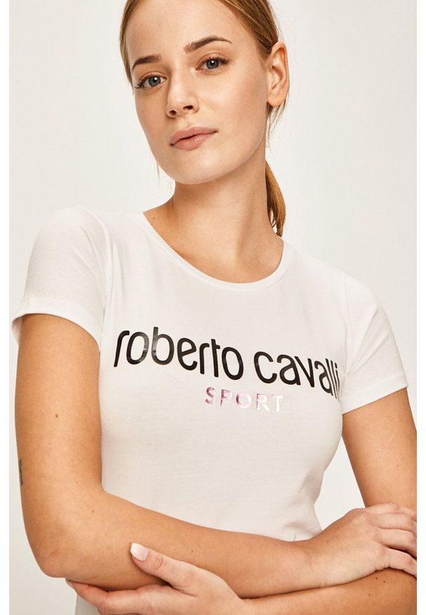 ROBERTO CAVALLI SPORT - Roberto Cavalli Sport - T-shirt. Kolor: biały. Materiał: dzianina. Wzór: nadruk. Styl: sportowy