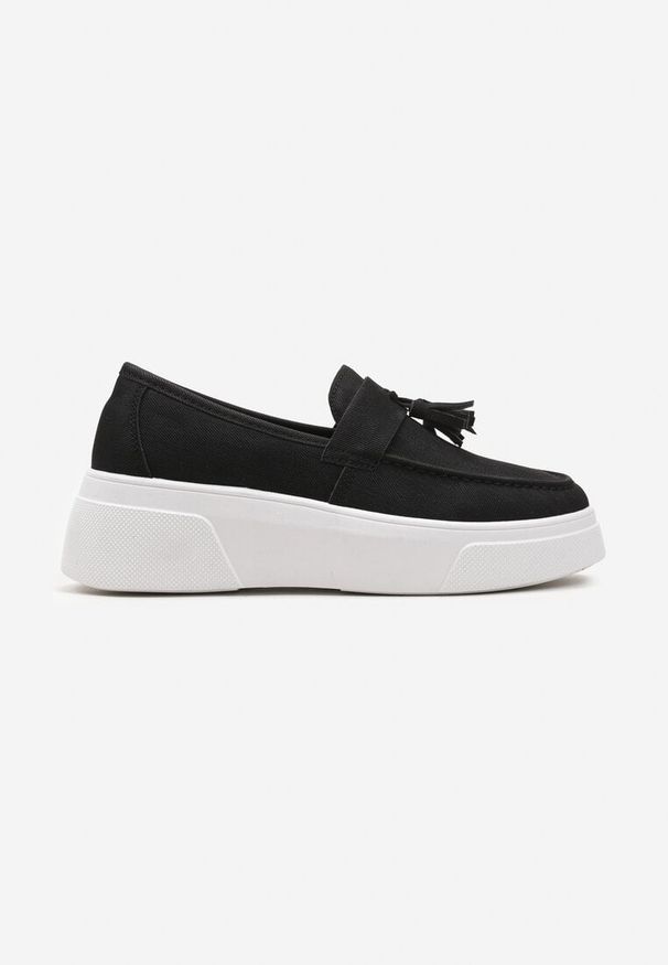 Born2be - Czarne Klasyczne Mokasyny na Grubej Podeszwie z Frędzlami Soneria. Okazja: na co dzień. Kolor: czarny. Materiał: jeans. Styl: klasyczny
