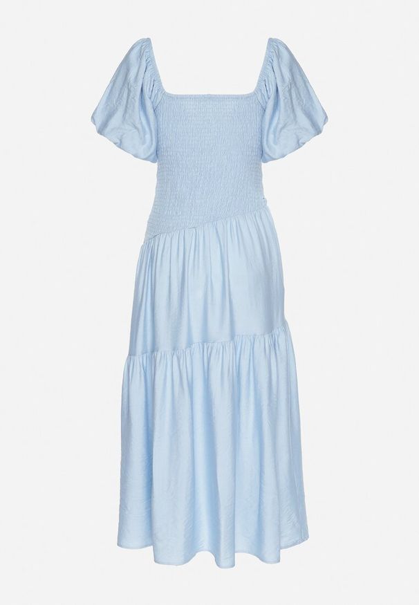 Born2be - Niebieska Sukienka Rozkloszowana z Wiskozy z Kwadratowym Dekoltem i Drapowaniem Napessia. Okazja: na co dzień. Typ kołnierza: dekolt kwadratowy. Kolor: niebieski. Materiał: wiskoza. Styl: elegancki, casual, klasyczny