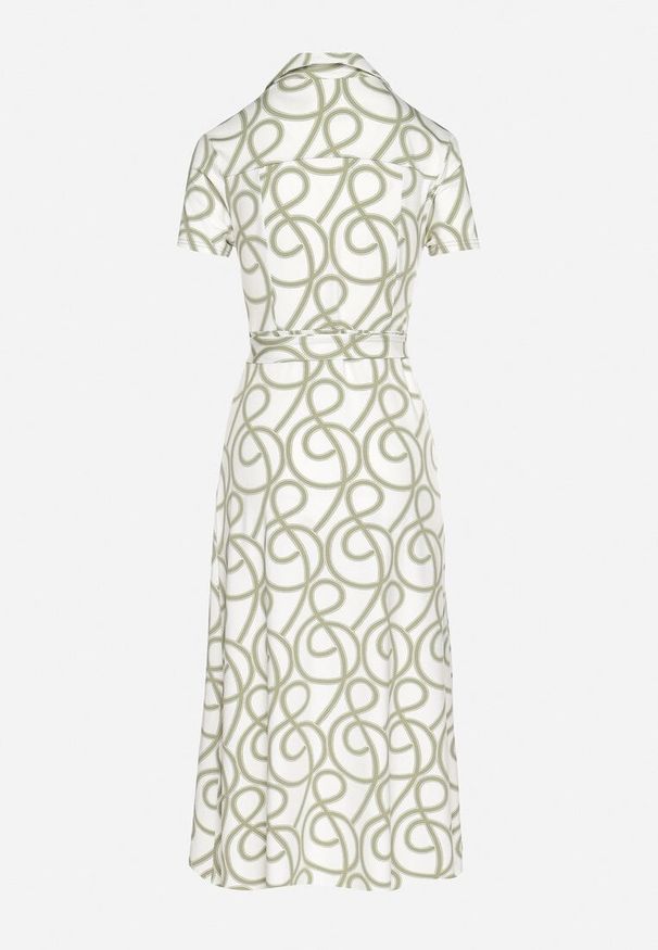 Born2be - Zielona Koszulowa Sukienka z Wiskozą w Geometryczny Wzór Sarilissa. Okazja: na co dzień, na spacer. Kolor: zielony. Materiał: wiskoza. Wzór: geometria. Typ sukienki: koszulowe. Styl: casual, elegancki, klasyczny