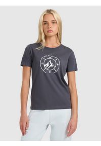 4f - 4F T-shirt regular z nadrukiem damski - szary S. Okazja: na co dzień. Kolor: szary. Materiał: bawełna, dzianina. Długość rękawa: krótki rękaw. Długość: krótkie. Wzór: nadruk. Styl: casual