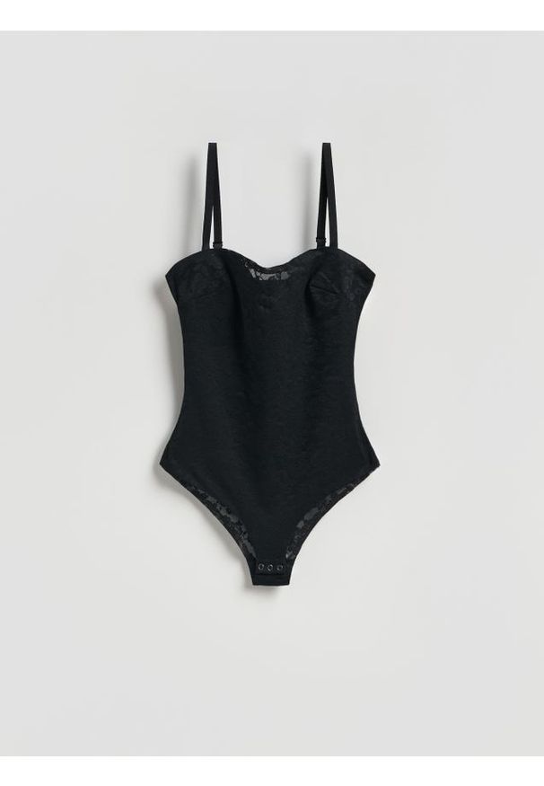 Reserved - Modelujące body - czarny. Kolor: czarny. Materiał: dzianina, koronka