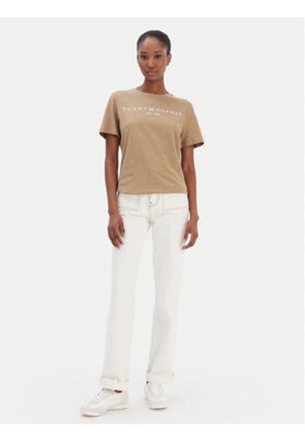 TOMMY HILFIGER - Tommy Hilfiger T-Shirt Logo WW0WW40276 Beżowy Regular Fit. Kolor: beżowy. Materiał: bawełna