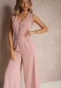 Renee - Różowy Kombinezon o Taliowanym Kroju z Wiskozą i Paskiem Raliorea. Kolor: różowy. Materiał: wiskoza. Styl: elegancki