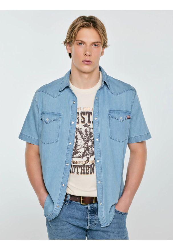 Big-Star - Koszula męska jeansowa z linii Authentic niebieska Short Sleeve Western 267. Okazja: na co dzień. Kolor: niebieski. Materiał: jeans. Sezon: lato. Styl: casual