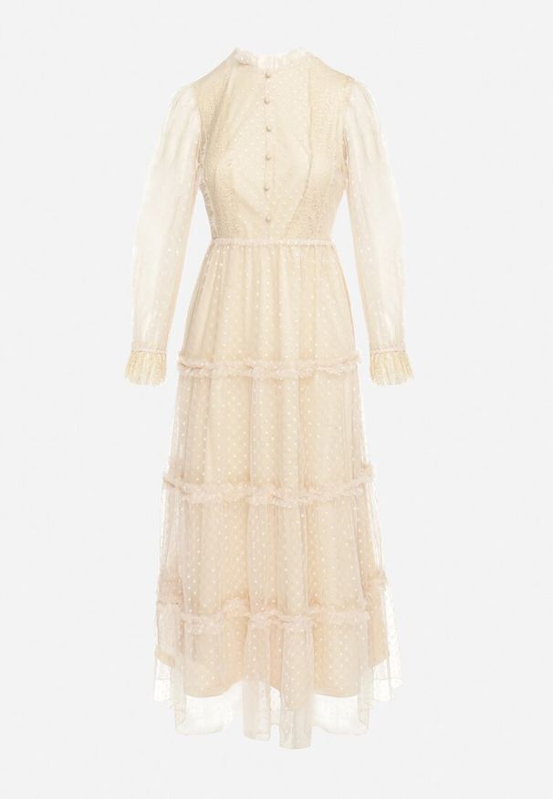 Born2be - Beżowa Rozkloszowana Sukienka Maxi z Przezroczystszego Tiulu Ozdobiona Koronką Lanessa. Kolor: beżowy. Materiał: tiul, koronka. Wzór: aplikacja, koronka. Długość: maxi