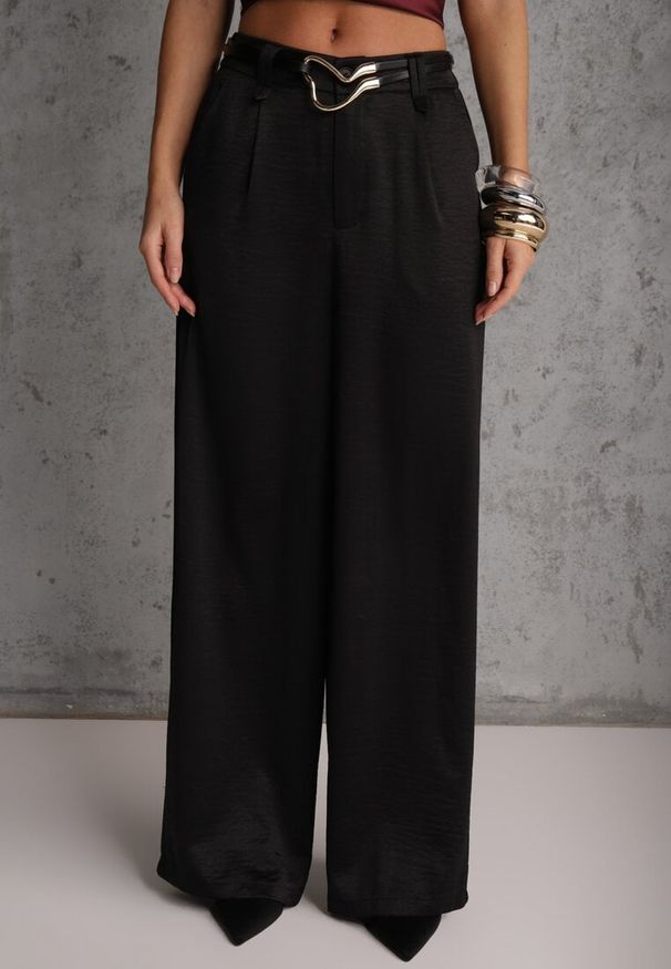 Renee - Czarne Spodnie Szerokie z Dodatkiem Bawełny High Waist z Metaliczną Klamrą Azaerixis. Okazja: na co dzień. Stan: podwyższony. Kolor: czarny. Materiał: bawełna. Styl: casual