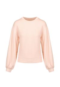 Ugg - Bluza UGG BROOK BALLOON SLEEVE CREWNECK. Kolekcja: plus size. Kolor: różowy. Materiał: dzianina, bawełna, prążkowany. Wzór: gładki, haft