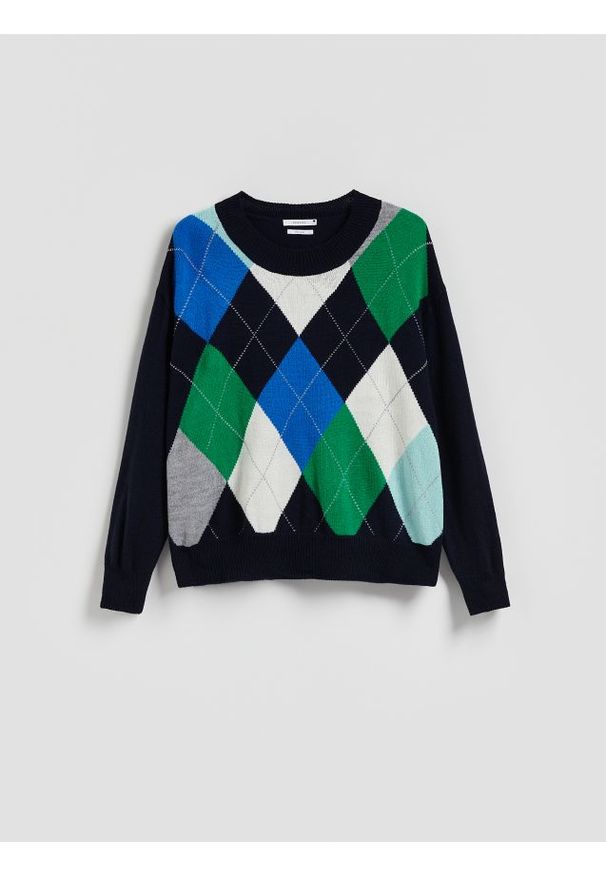 Reserved - Sweter z wełną - granatowy. Kolor: niebieski. Materiał: wełna