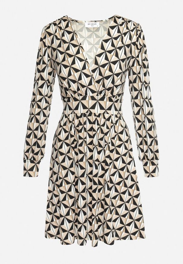 Born2be - Beżowo-Czarna Sukienka Mini w Geometryczny Wzór z Gumką w Talii Viotta. Okazja: na co dzień. Kolor: beżowy. Wzór: geometria. Styl: casual, elegancki. Długość: mini