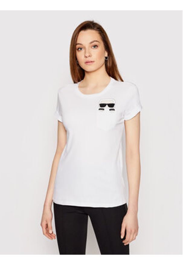 Karl Lagerfeld - T-Shirt KARL LAGERFELD. Typ kołnierza: dekolt w karo. Kolor: biały. Materiał: bawełna
