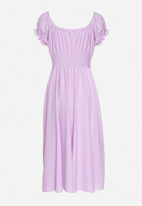 Born2be - Fioletowa Sukienka z Bawełną Typu Hiszpanka z Ozdobnymi Bufkami Lunaleia. Okazja: na co dzień. Typ kołnierza: dekolt hiszpanka. Kolor: fioletowy. Materiał: bawełna. Styl: casual, elegancki, klasyczny