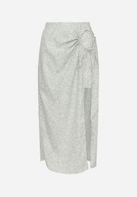 Born2be - Jasnozielona Spódnica z Gumką w Pasie Rozcięciem i Marszczeniem Arrethea. Okazja: na co dzień. Kolor: zielony. Wzór: kwiaty. Styl: elegancki, casual