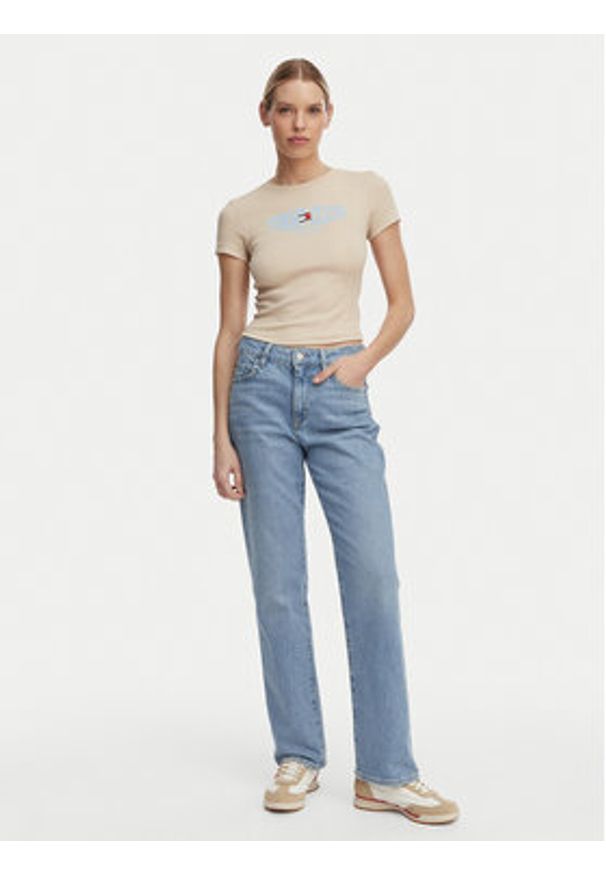 Tommy Jeans T-Shirt Wavy Flag DW0DW22272 Beżowy jasny Slim Fit. Kolor: beżowy. Materiał: bawełna