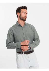 Ombre Clothing - Męska koszula z kieszenią REGULAR FIT - khaki V4. Kolor: brązowy. Materiał: poliester, bawełna. Długość rękawa: długi rękaw. Długość: długie #9