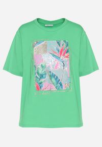 Born2be - Zielony Bawełniany T-shirt z Ozdobnym Nadrukiem Delmari. Okazja: na co dzień, na spacer. Kolor: zielony. Materiał: bawełna. Wzór: nadruk. Styl: klasyczny, casual #4