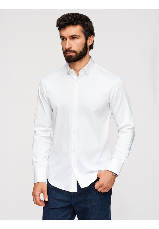 Ombre Clothing - Klasyczna męska koszula SLIM FIT z tkaniny satynowej – biała V1 - Rozmiar: M. Okazja: na spotkanie biznesowe, na co dzień. Typ kołnierza: kołnierzyk klasyczny. Kolor: biały. Materiał: tkanina, satyna. Wzór: gładki. Styl: klasyczny