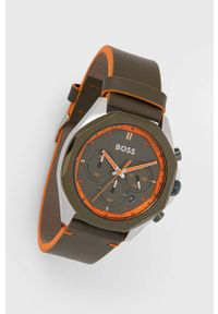 BOSS zegarek męski kolor zielony. Kolor: zielony. Materiał: skóra, materiał #1