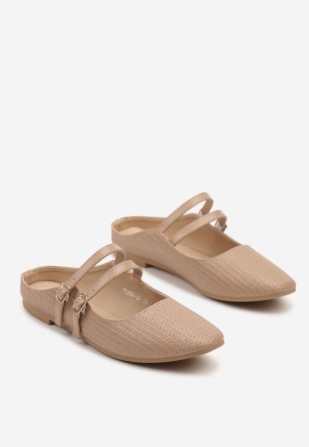 Renee - Ciemnobeżowe Klapki Balerinki Ozdobione Paseczkami Davissae. Okazja: na co dzień. Kolor: beżowy. Materiał: jeans. Wzór: aplikacja. Obcas: na obcasie. Styl: klasyczny, elegancki, casual. Wysokość obcasa: średni