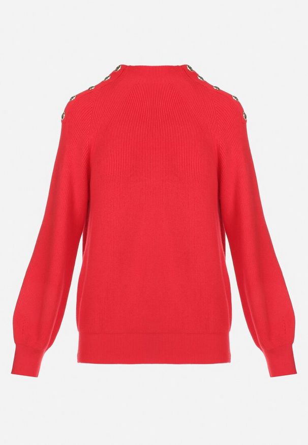 Born2be - Czerwony Sweter Dzianinowy z Długim Rękawem i Guzikami Omes. Kolor: czerwony. Materiał: dzianina. Długość rękawa: długi rękaw. Długość: długie
