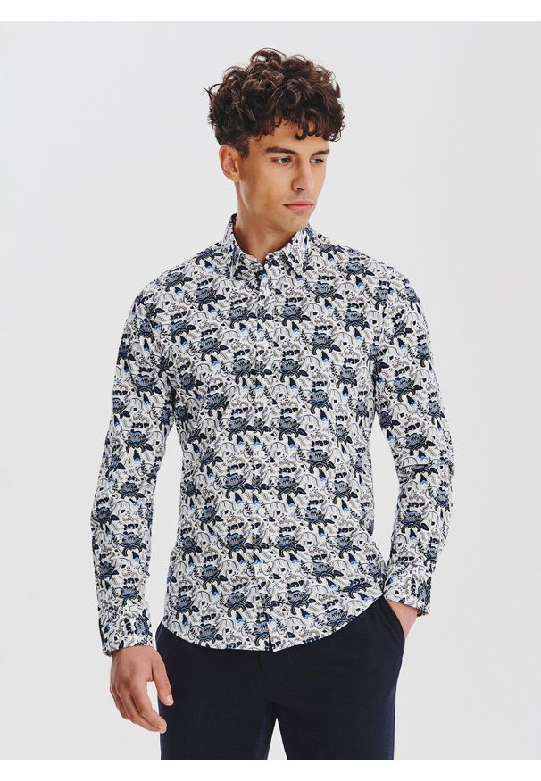 Pako Lorente - PAKO LORENTE - Biała koszula męska niebieskie kwiaty. Kolor: wielokolorowy, niebieski, biały. Materiał: bawełna, elastan. Długość rękawa: długi rękaw. Długość: długie. Wzór: kwiaty. Sezon: jesień