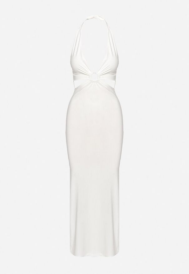 Born2be - Biała Sukienka o Dopasowanym Kroju z Marszczeniem i Okrągłą Klamrą Lethara. Kolor: biały. Styl: elegancki