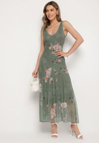 Born2be - Ciemnozielona Siateczkowa Sukienka z Kwiatowym Motywem Milanessa. Okazja: na co dzień. Kolor: zielony. Materiał: jeans. Wzór: kwiaty. Typ sukienki: proste. Styl: casual, elegancki #4