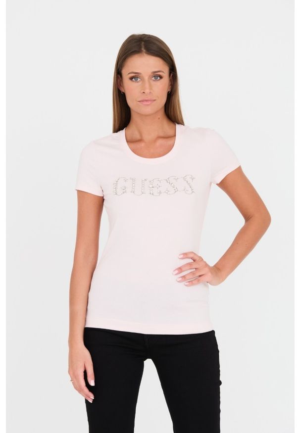 Guess - GUESS Różowy damski t-shirt bawełniany Stones Logo Tee, Rozmiar XL. Kolor: różowy. Materiał: bawełna