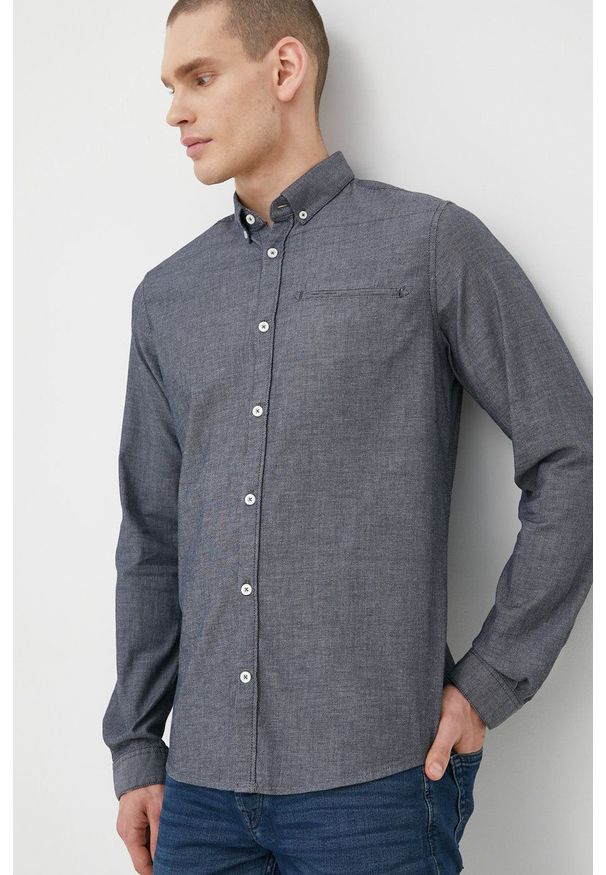 Tom Tailor koszula męska kolor szary slim z kołnierzykiem button-down. Typ kołnierza: button down. Kolor: szary. Materiał: bawełna, tkanina. Długość rękawa: długi rękaw. Długość: długie