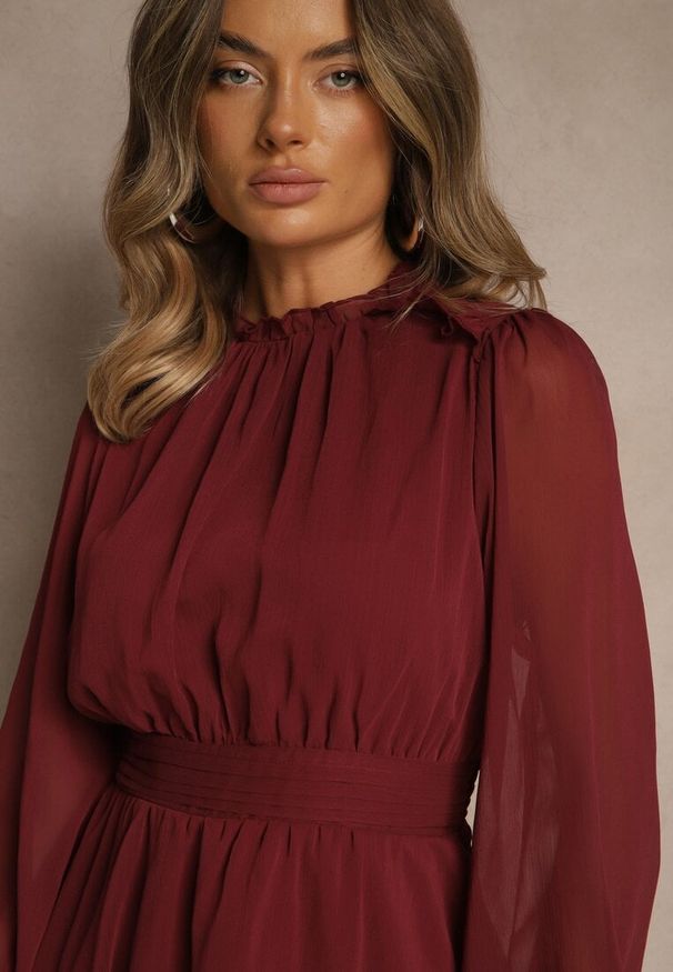 Renee - Bordowa Sukienka z Siateczki o Rozkloszowanym Kroju z Bufiastymi Rękawami Aziva. Okazja: na co dzień. Kolor: czerwony. Materiał: skóra. Typ sukienki: rozkloszowane, proste. Styl: casual