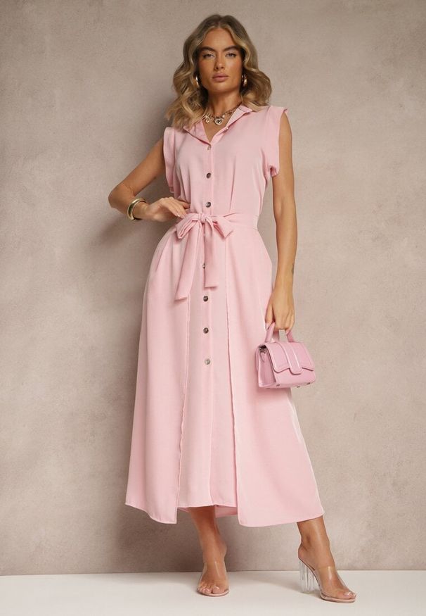 Renee - Różowa Sukienka z Paskiem Koszulowa o Rozkloszowanym Fasonie Mavoselle. Okazja: na co dzień. Kolor: różowy. Materiał: jeans. Typ sukienki: koszulowe. Styl: elegancki, casual