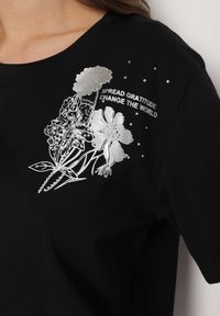 Born2be - Czarny T-shirt z Bawełny Zdobiony Nadrukiem z Cyrkoniami Telerea. Okazja: na co dzień. Kolor: czarny. Materiał: bawełna. Wzór: aplikacja, nadruk. Styl: klasyczny, elegancki, casual #4