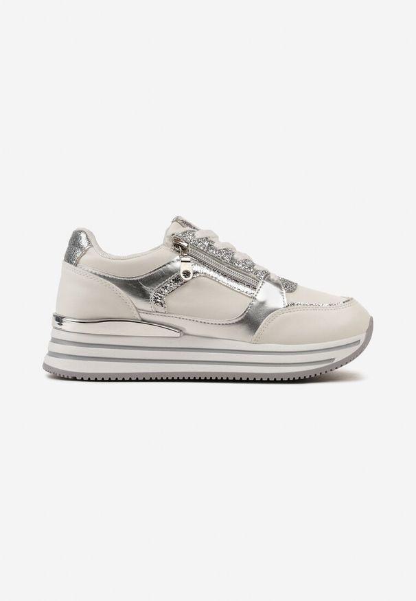 Born2be - Biało-Srebrne Sneakersy na Platformie Ozdobione Brokatem i Suwakiem Heliaza. Nosek buta: okrągły. Zapięcie: sznurówki. Kolor: biały. Materiał: materiał. Wzór: aplikacja. Obcas: na platformie. Wysokość obcasa: niski