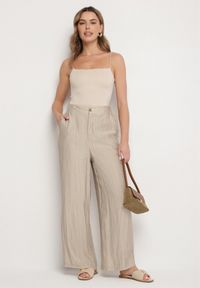 Born2be - Beżowe Szerokie Spodnie z Wysokim Stanem Natalania. Okazja: na co dzień. Stan: podwyższony. Kolor: beżowy. Materiał: len. Styl: casual, elegancki #6