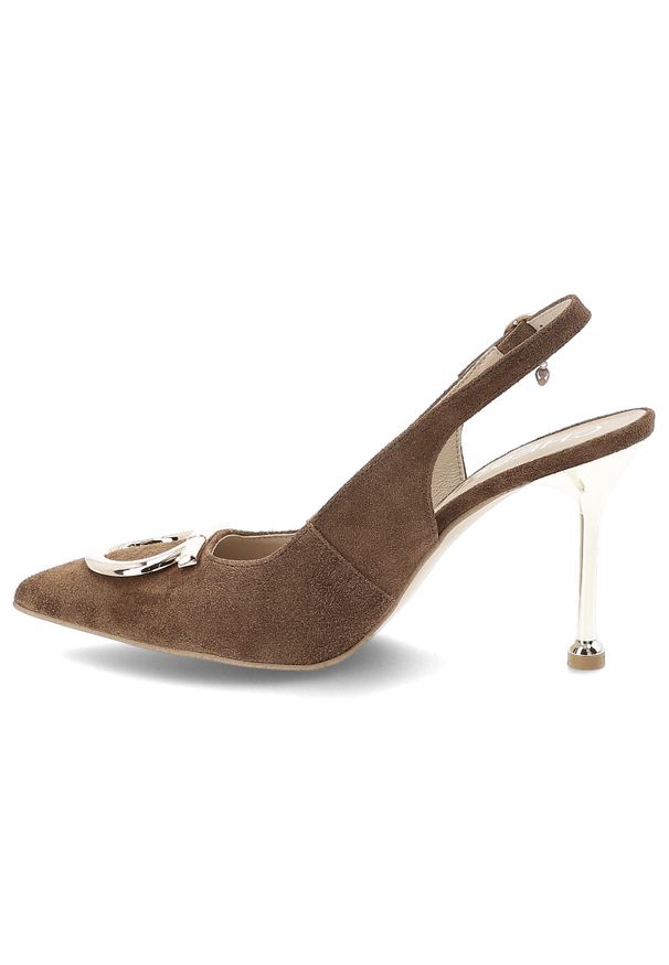 CheBello - Czółenka damskie Chebello, cholewka ze skóry naturalnej welurowej z odkrytą piętą i smukłym noskiem ozdobione metaliczną klamrą osadzone na cienkim o. Zapięcie: klamry. Kolor: brązowy. Materiał: skóra, welur. Szerokość cholewki: normalna. Wzór: aplikacja. Styl: elegancki, klasyczny, wizytowy