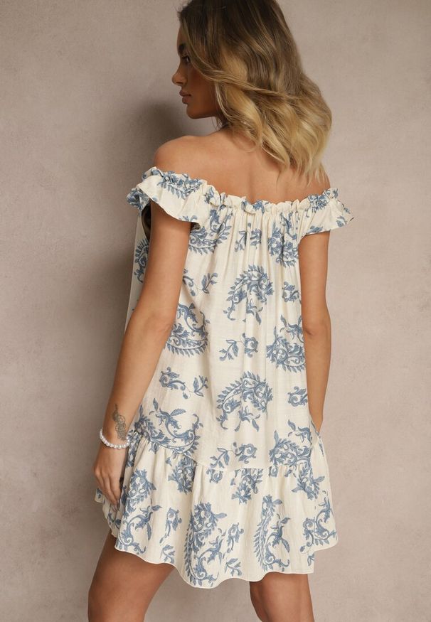 Renee - Niebieska Sukienka z Wiskozą Ozdobiona Falbanką Ellitne. Okazja: na co dzień, na spacer. Typ kołnierza: kołnierz z falbankami. Kolor: niebieski. Materiał: wiskoza. Wzór: aplikacja. Sezon: lato. Typ sukienki: proste. Styl: elegancki, casual