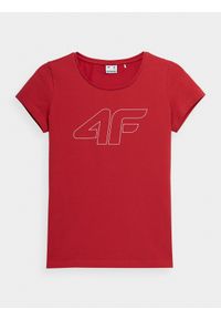 4f - T-shirt regular z nadrukiem damski. Kolor: czerwony. Materiał: dzianina, bawełna. Wzór: nadruk