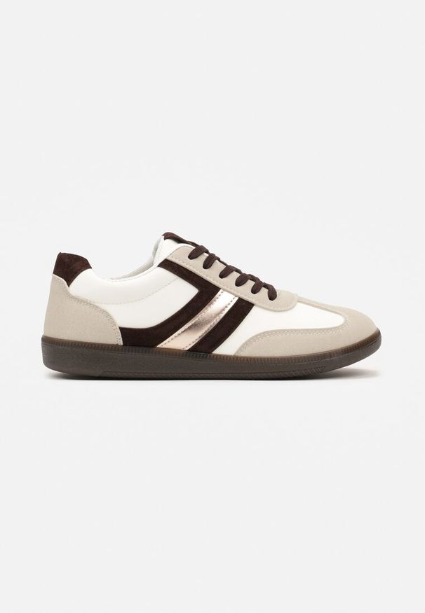 Born2be - Brązowe Stylowe Sneakersy na Płaskiej Podeszwie z Geometrycznymi Przeszyciami Rialine. Okazja: na spotkanie biznesowe, do pracy. Kolor: brązowy. Materiał: jeans. Wzór: geometria. Obcas: na płaskiej podeszwie