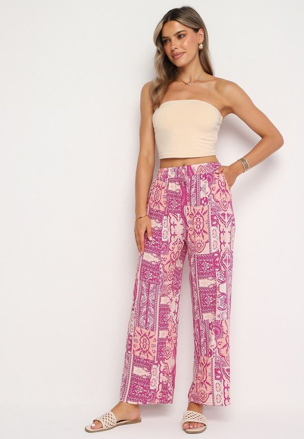 Born2be - Różowe Spodnie Palazzo z Wiskozy z Gumką w Talii Lirfea. Okazja: na co dzień. Kolor: różowy. Materiał: wiskoza. Styl: klasyczny, casual, elegancki, boho