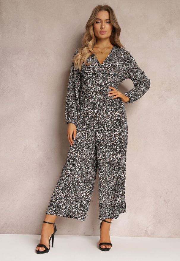 Renee - Czarny Kombinezon Phaeniera. Kolor: czarny. Materiał: tkanina. Długość: długie. Wzór: nadruk, kolorowy