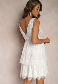 Renee - Biała Tiulowa Sukienka Mini z Cekinami Jophiela. Kolor: biały. Materiał: tiul. Długość rękawa: na ramiączkach. Wzór: koronka. Długość: mini #4