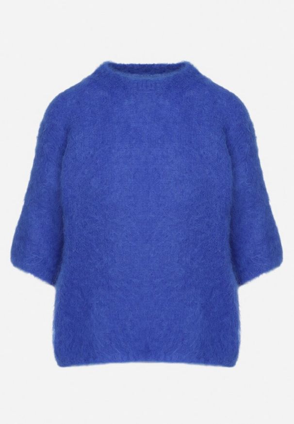 Born2be - Niebieski Moherowy Sweter o Kroju Nietoperza z Rękawami 3/4 Eleanira. Okazja: na co dzień. Kolor: niebieski. Materiał: moher. Wzór: aplikacja, ze splotem. Sezon: zima, jesień. Styl: klasyczny, elegancki, casual