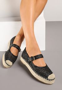 Renee - Czarne Espadryle z Plecionki z Ozdobnym Noskiem Sprzączką i Wkładką ze Skóry Eranwena. Okazja: na co dzień. Zapięcie: sprzączka. Kolor: czarny. Materiał: skóra. Wzór: aplikacja. Sezon: lato. Styl: elegancki, casual
