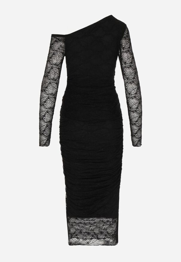 Born2be - Czarny Koronkowy Komplet Dopasowana Spódnica i Bluzka na Jedno Ramię Calonara. Kolor: czarny. Materiał: koronka