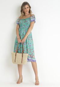 Born2be - Miętowa Rozkloszowana Sukienka Bawełniana Hiszpanka we Wzór Paisley Dottia. Typ kołnierza: dekolt hiszpanka. Kolor: miętowy. Materiał: bawełna. Wzór: paisley #4