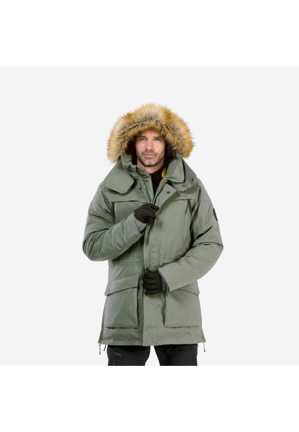 quechua - Parka turystyczna męska zimowa Quechua SH900 -20°C wodoodporna. Typ kołnierza: kołnierzyk stójkowy. Kolor: brązowy, zielony, wielokolorowy. Materiał: syntetyk, futro. Sezon: zima