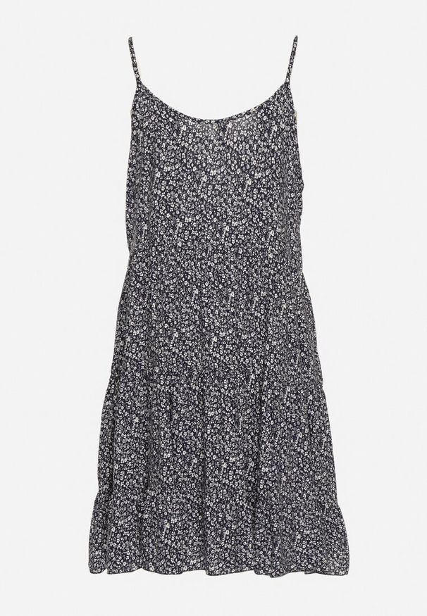 Born2be - Granatowa Bawełniana Sukienka Rozkloszowana na Ramiączkach z Falbanką Piloa. Kolor: niebieski. Materiał: bawełna. Długość rękawa: na ramiączkach. Wzór: kwiaty. Sezon: lato