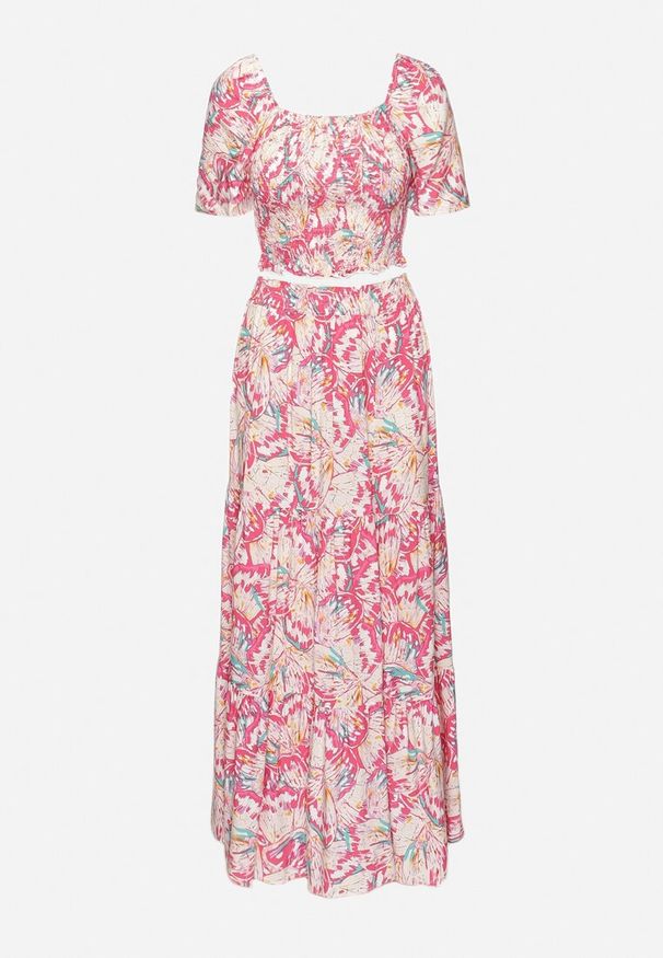 Born2be - Fuksjowy Komplet z Wiskozy Top Hiszpanka i Spódnica Maxi Sarlon. Kolor: różowy. Materiał: wiskoza. Wzór: kwiaty