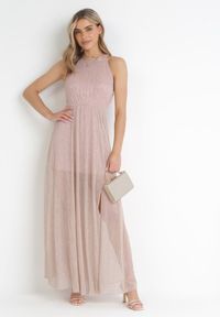 Born2be - Różowa Koktajlowa Sukienka z Gumką w Talii z Metaliczną Nicią Lilyan. Kolor: różowy. Wzór: aplikacja. Styl: wizytowy. Długość: maxi #3