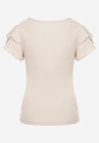 Born2be - Beżowa Bawełniana Bluzka o Prostym Kroju z Krótkim Rękawem z Falbanek Himoni. Okazja: do pracy, na co dzień. Typ kołnierza: kołnierz z falbankami. Kolor: beżowy. Materiał: bawełna. Długość rękawa: krótki rękaw. Długość: krótkie. Styl: elegancki, klasyczny, casual #6